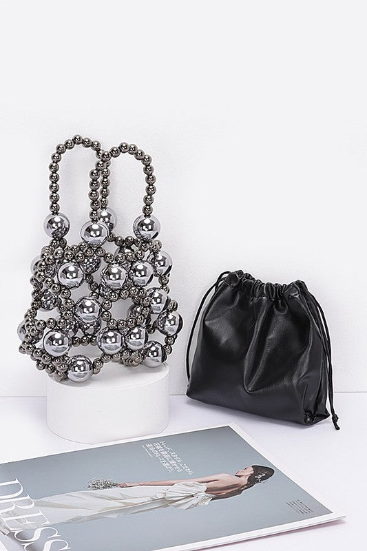 Metallic Beaded Petite Party Swing Bag with Drawstring Closure Polyurethane CCB Mix Metal 7x5x2 Inches