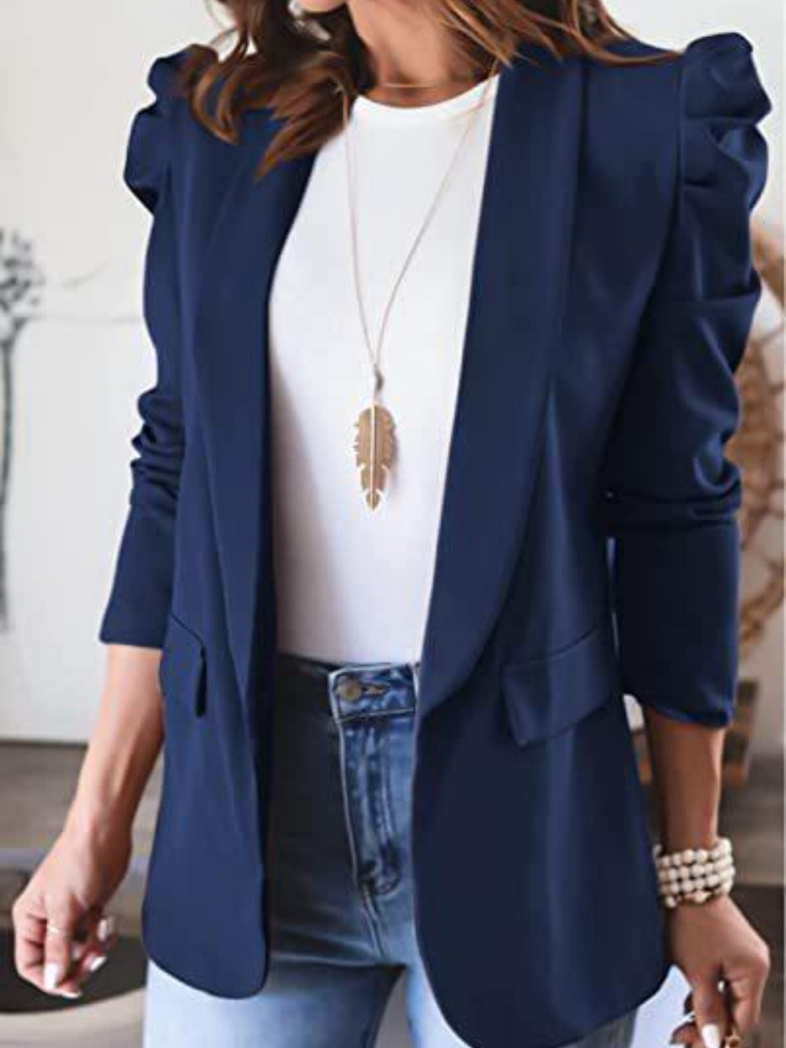 Collared Puff Sleeve Blazer Women's Suit Jacket Cardigan Outwear Tops