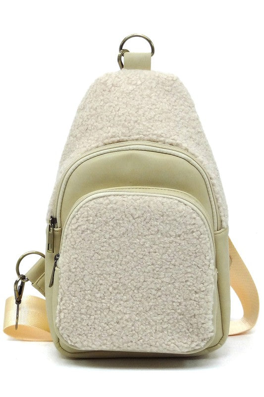Terry Fur Sling Bag Backpack Faux Vegan Leather Zip Top Closure Gold-tone Hardware Detachable Guitar Strap Lightweight