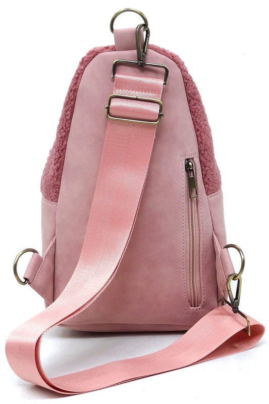 Terry Fur Sling Bag Backpack Faux Vegan Leather Zip Top Closure Gold-tone Hardware Detachable Guitar Strap Lightweight