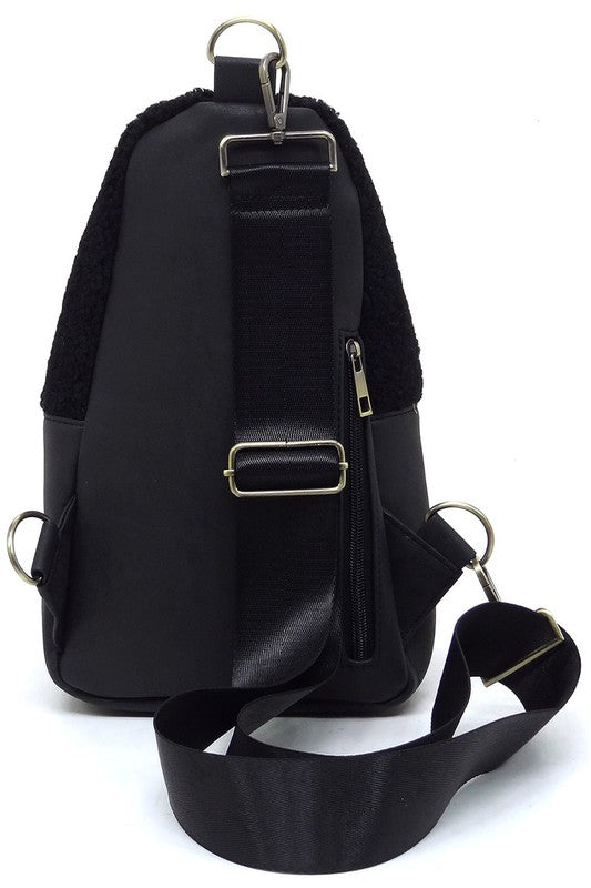 Terry Fur Sling Bag Backpack Faux Vegan Leather Zip Top Closure Gold-tone Hardware Detachable Guitar Strap Lightweight
