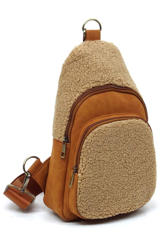 Terry Fur Sling Bag Backpack Faux Vegan Leather Zip Top Closure Gold-tone Hardware Detachable Guitar Strap Lightweight