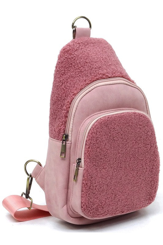 Terry Fur Sling Bag Backpack Faux Vegan Leather Zip Top Closure Gold-tone Hardware Detachable Guitar Strap Lightweight