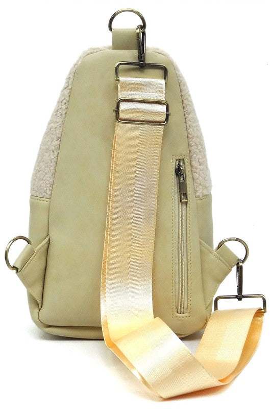 Terry Fur Sling Bag Backpack Faux Vegan Leather Zip Top Closure Gold-tone Hardware Detachable Guitar Strap Lightweight