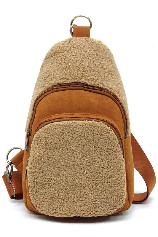 Terry Fur Sling Bag Backpack Faux Vegan Leather Zip Top Closure Gold-tone Hardware Detachable Guitar Strap Lightweight