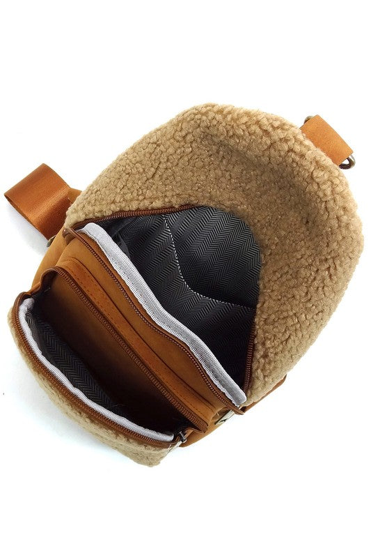 Terry Fur Sling Bag Backpack Faux Vegan Leather Zip Top Closure Gold-tone Hardware Detachable Guitar Strap Lightweight