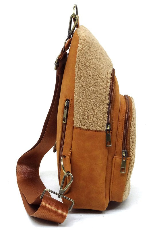 Terry Fur Sling Bag Backpack Faux Vegan Leather Zip Top Closure Gold-tone Hardware Detachable Guitar Strap Lightweight