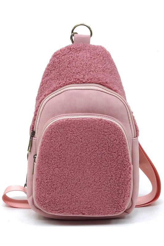 Terry Fur Sling Bag Backpack Faux Vegan Leather Zip Top Closure Gold-tone Hardware Detachable Guitar Strap Lightweight