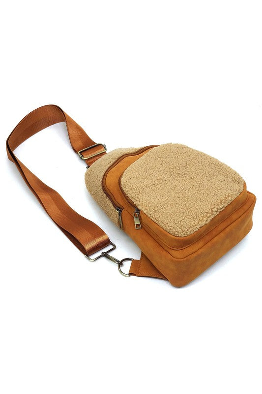 Terry Fur Sling Bag Backpack Faux Vegan Leather Zip Top Closure Gold-tone Hardware Detachable Guitar Strap Lightweight