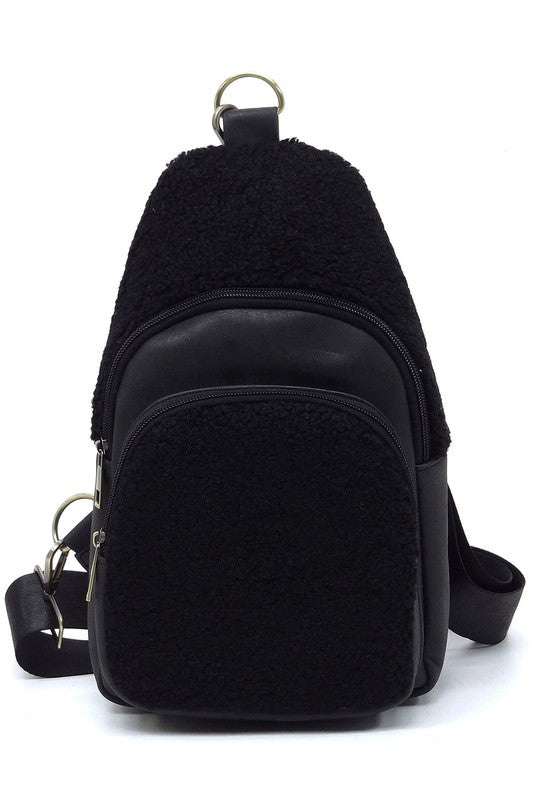 Terry Fur Sling Bag Backpack Faux Vegan Leather Zip Top Closure Gold-tone Hardware Detachable Guitar Strap Lightweight