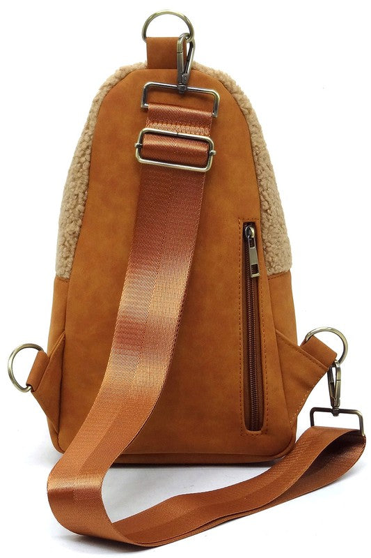 Terry Fur Sling Bag Backpack Faux Vegan Leather Zip Top Closure Gold-tone Hardware Detachable Guitar Strap Lightweight