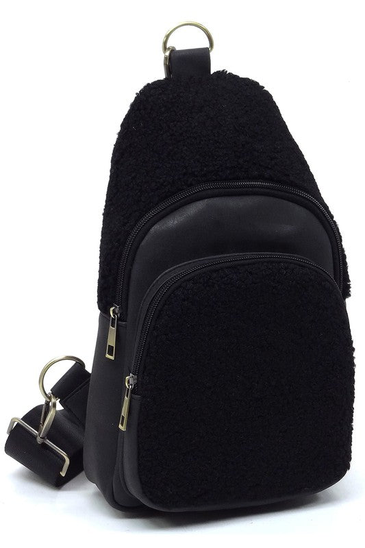 Terry Fur Sling Bag Backpack Faux Vegan Leather Zip Top Closure Gold-tone Hardware Detachable Guitar Strap Lightweight