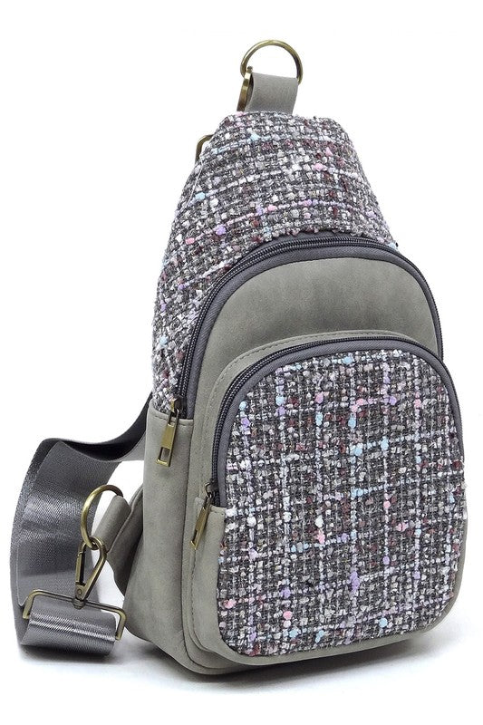Tweed Sling Bag Backpack Faux Vegan Leather Zip Top Closure Gold-tone Hardware Detachable Guitar Strap Lightweight