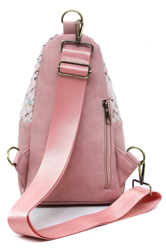 Tweed Sling Bag Backpack Faux Vegan Leather Zip Top Closure Gold-tone Hardware Detachable Guitar Strap Lightweight