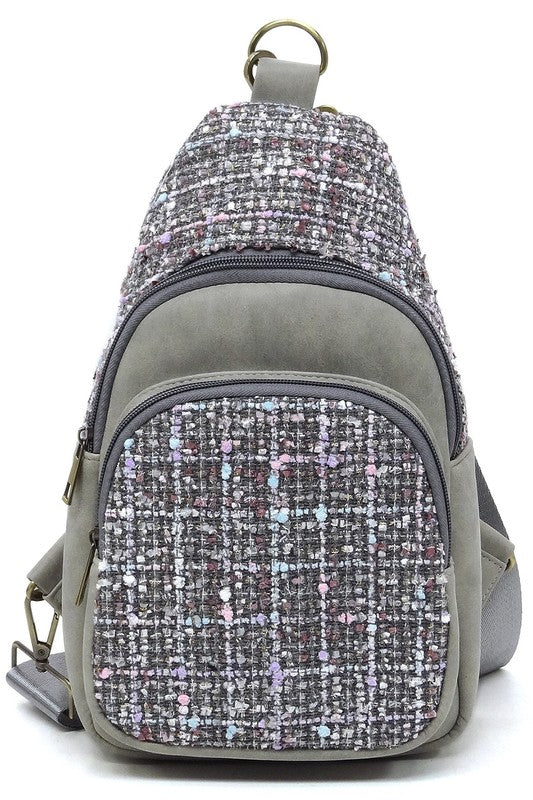 Tweed Sling Bag Backpack Faux Vegan Leather Zip Top Closure Gold-tone Hardware Detachable Guitar Strap Lightweight