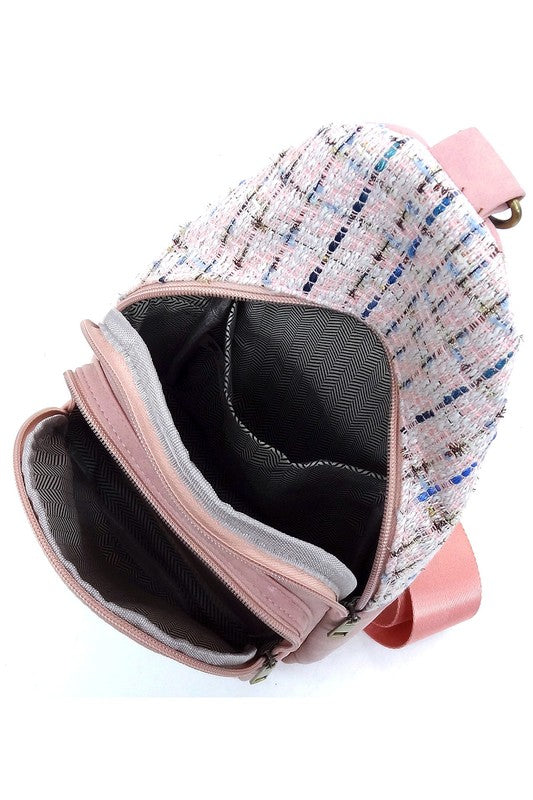 Tweed Sling Bag Backpack Faux Vegan Leather Zip Top Closure Gold-tone Hardware Detachable Guitar Strap Lightweight