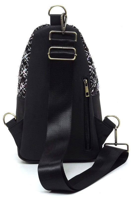 Tweed Sling Bag Backpack Faux Vegan Leather Zip Top Closure Gold-tone Hardware Detachable Guitar Strap Lightweight