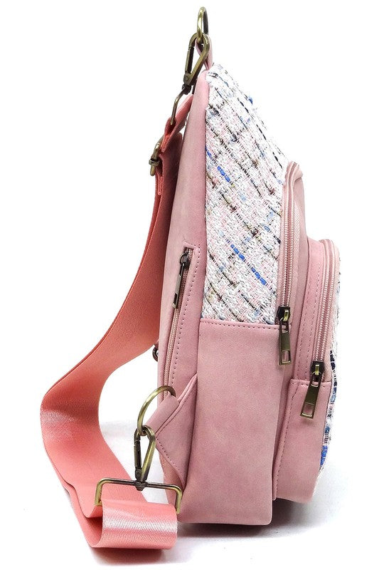 Tweed Sling Bag Backpack Faux Vegan Leather Zip Top Closure Gold-tone Hardware Detachable Guitar Strap Lightweight