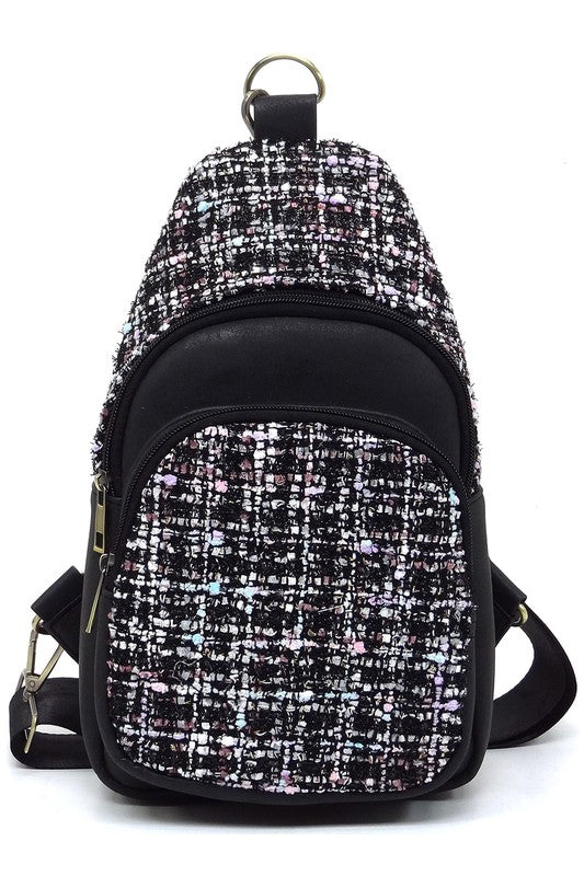 Tweed Sling Bag Backpack Faux Vegan Leather Zip Top Closure Gold-tone Hardware Detachable Guitar Strap Lightweight