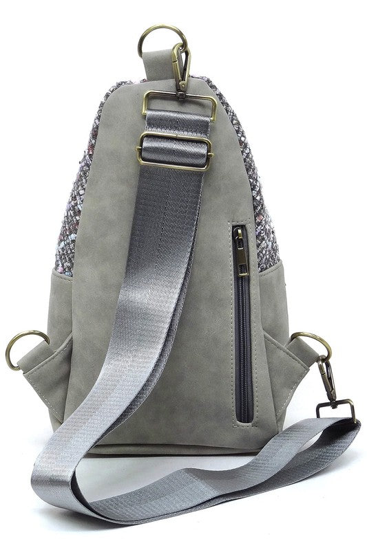 Tweed Sling Bag Backpack Faux Vegan Leather Zip Top Closure Gold-tone Hardware Detachable Guitar Strap Lightweight