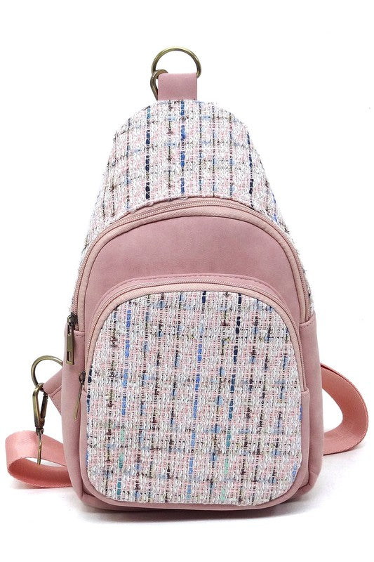 Tweed Sling Bag Backpack Faux Vegan Leather Zip Top Closure Gold-tone Hardware Detachable Guitar Strap Lightweight