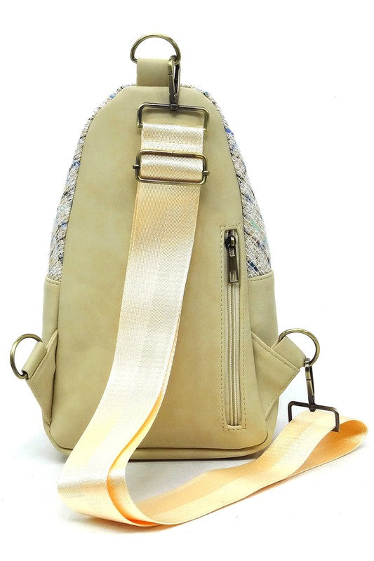 Tweed Sling Bag Backpack Faux Vegan Leather Zip Top Closure Gold-tone Hardware Detachable Guitar Strap Lightweight