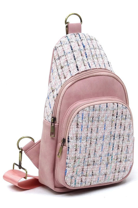 Tweed Sling Bag Backpack Faux Vegan Leather Zip Top Closure Gold-tone Hardware Detachable Guitar Strap Lightweight