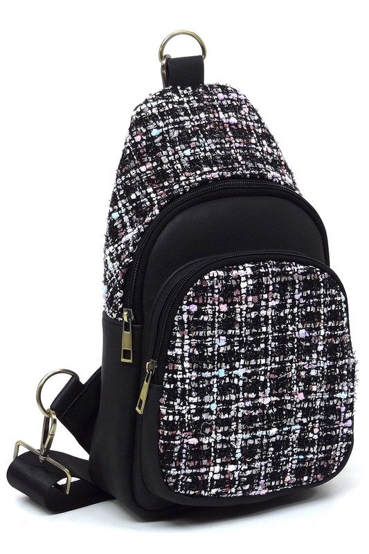 Tweed Sling Bag Backpack Faux Vegan Leather Zip Top Closure Gold-tone Hardware Detachable Guitar Strap Lightweight