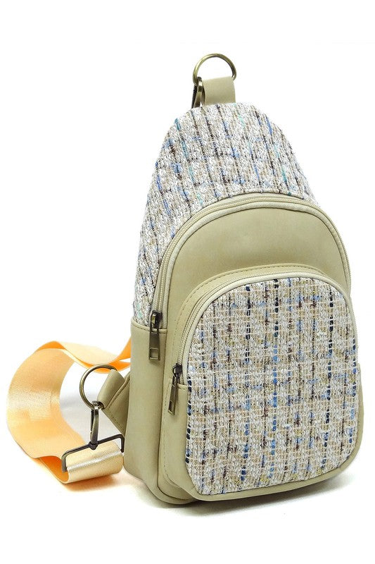 Tweed Sling Bag Backpack Faux Vegan Leather Zip Top Closure Gold-tone Hardware Detachable Guitar Strap Lightweight