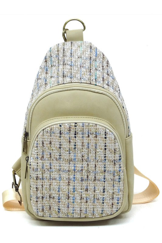 Tweed Sling Bag Backpack Faux Vegan Leather Zip Top Closure Gold-tone Hardware Detachable Guitar Strap Lightweight