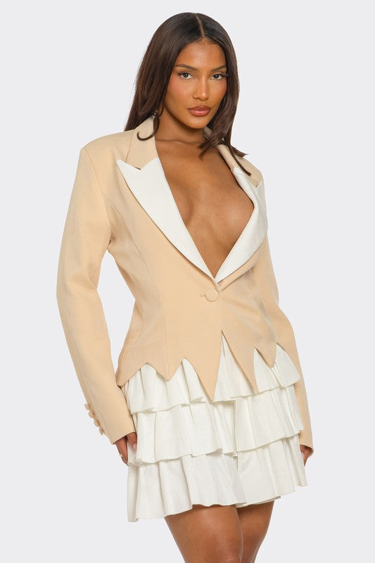 Two-Tone Blazer Dress with Single-Button Closure and Layered Tiered Skirt in Cream and Beige