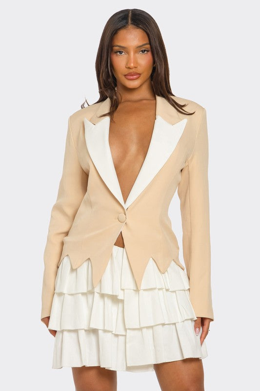 Two-Tone Blazer Dress with Single-Button Closure and Layered Tiered Skirt in Cream and Beige