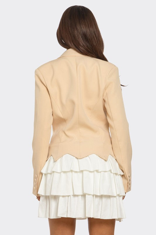 Two-Tone Blazer Dress with Single-Button Closure and Layered Tiered Skirt in Cream and Beige