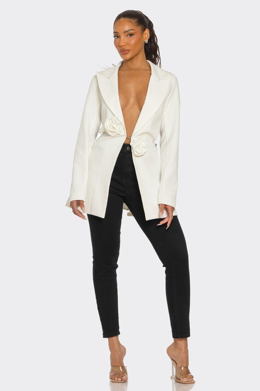 Floral Applique Crystal Embellished White Blazer Deep V-Neck Structured Design Versatile Styling