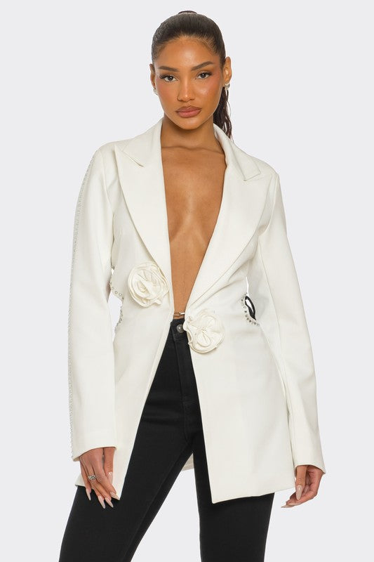 Floral Applique Crystal Embellished White Blazer Deep V-Neck Structured Design Versatile Styling