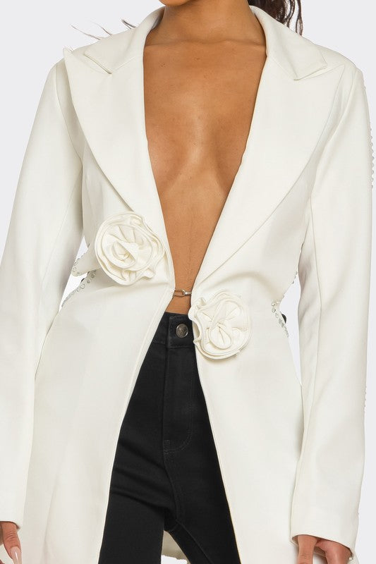 Floral Applique Crystal Embellished White Blazer Deep V-Neck Structured Design Versatile Styling