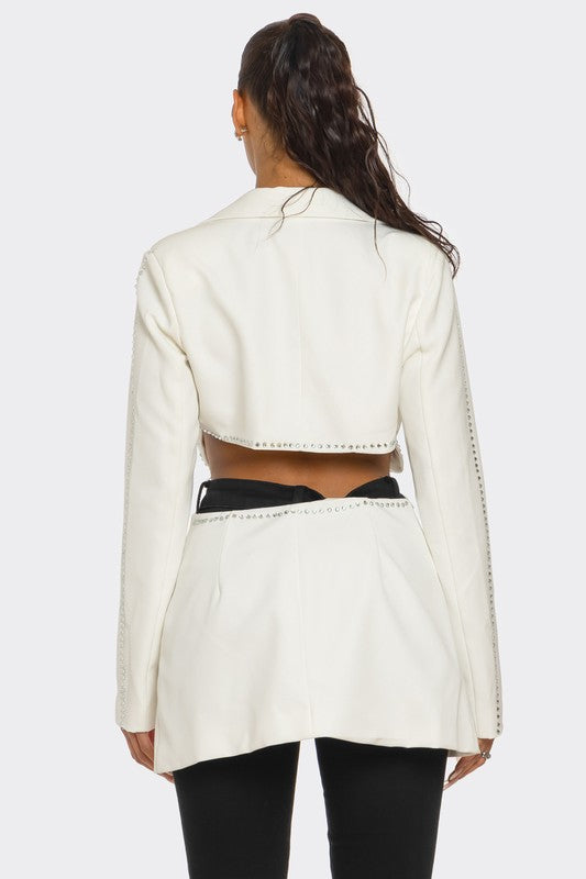 Floral Applique Crystal Embellished White Blazer Deep V-Neck Structured Design Versatile Styling