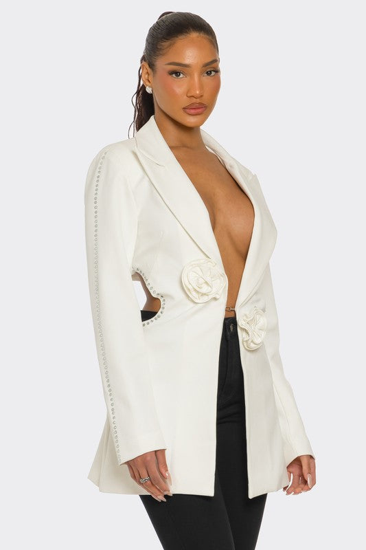 Floral Applique Crystal Embellished White Blazer Deep V-Neck Structured Design Versatile Styling