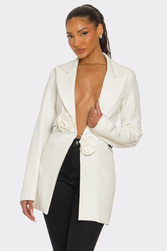 Floral Applique Crystal Embellished White Blazer Deep V-Neck Structured Design Versatile Styling