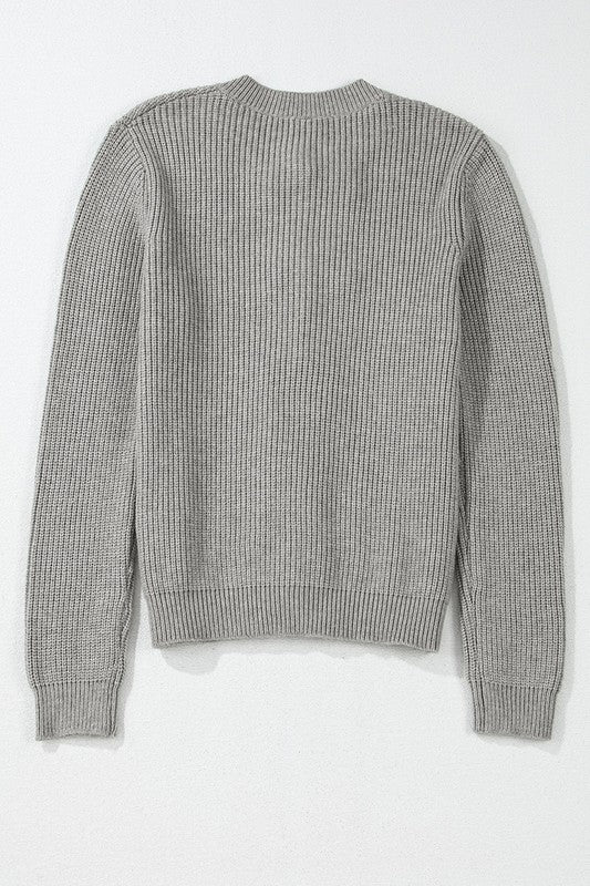 Gray Ribbed Knit Bow Front Buttoned Cardigan