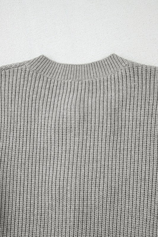 Gray Ribbed Knit Bow Front Buttoned Cardigan