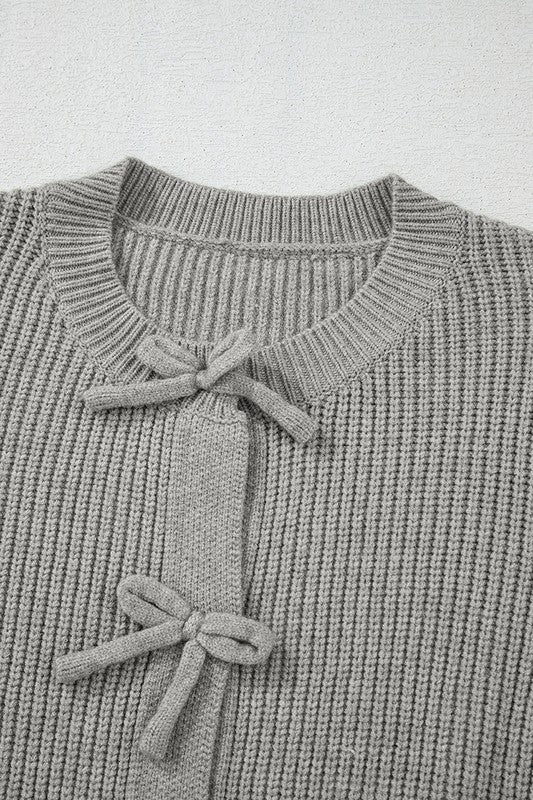 Gray Ribbed Knit Bow Front Buttoned Cardigan