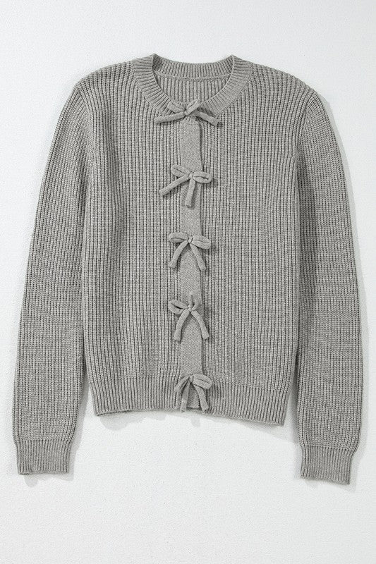 Gray Ribbed Knit Bow Front Buttoned Cardigan
