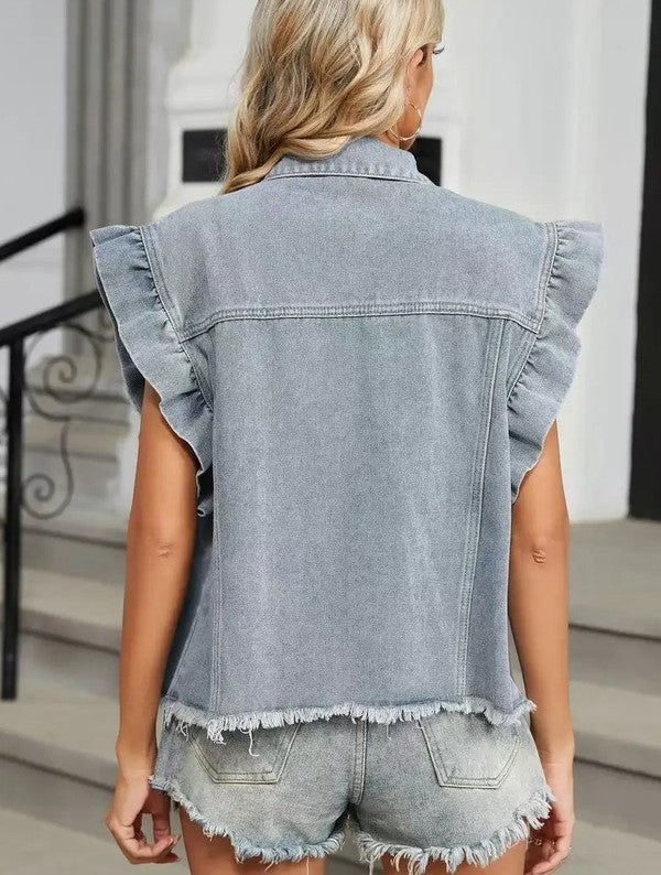 Short sleeve ruffle denim vest
