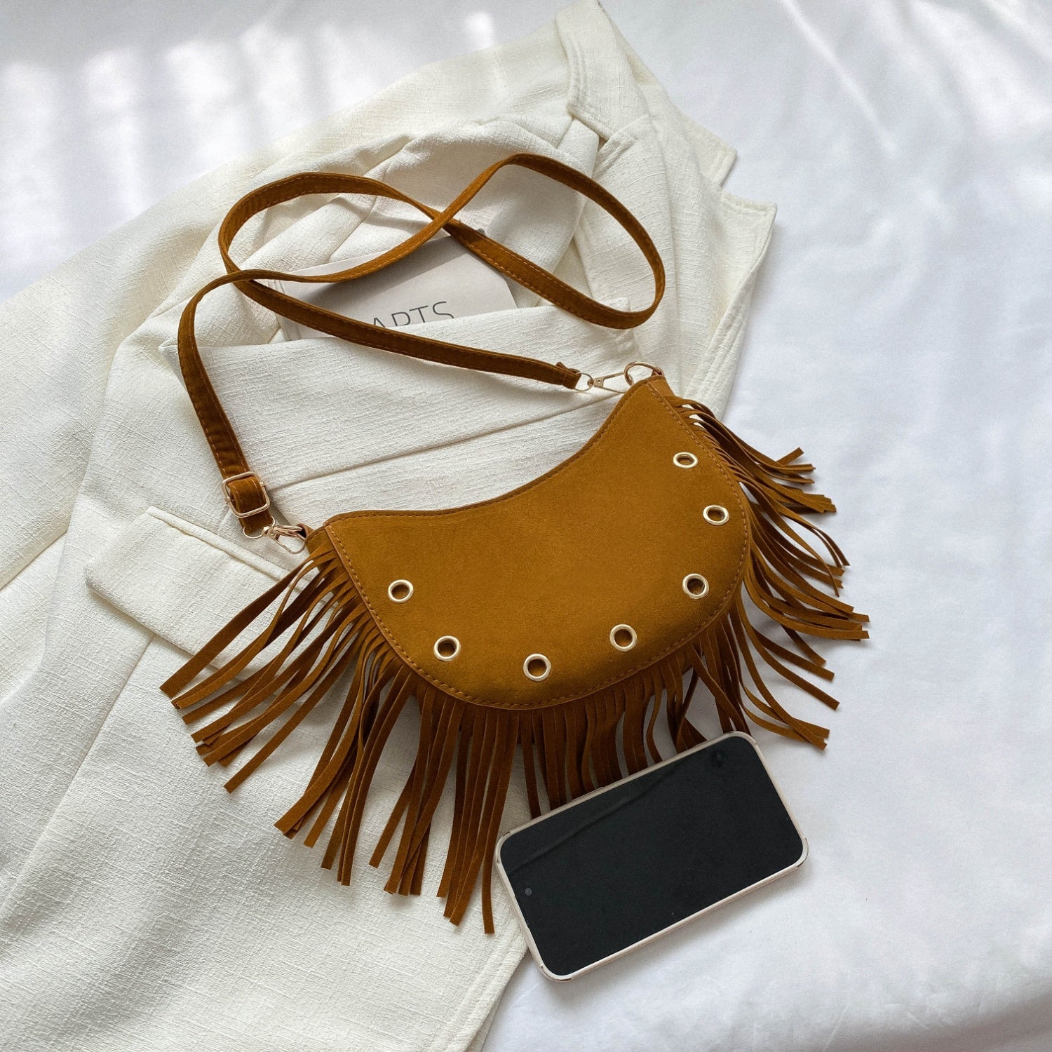 Fringe Detail Suede Leather Crossbody Bag - Add a touch of western flair!