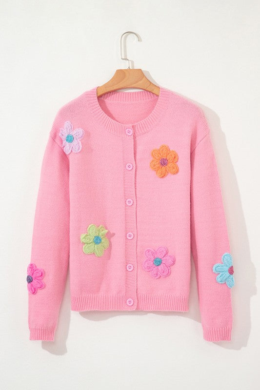 Cute Knitted Floral Pattern Button Up Cardigan