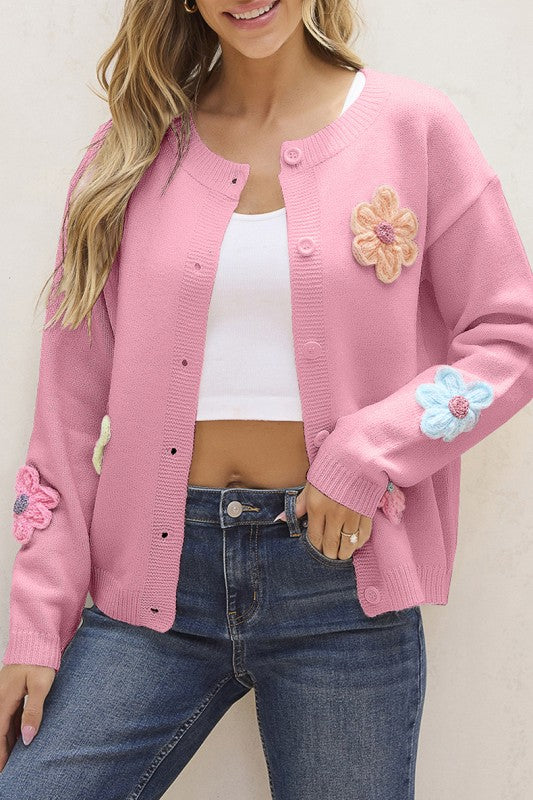 Cute Knitted Floral Pattern Button Up Cardigan