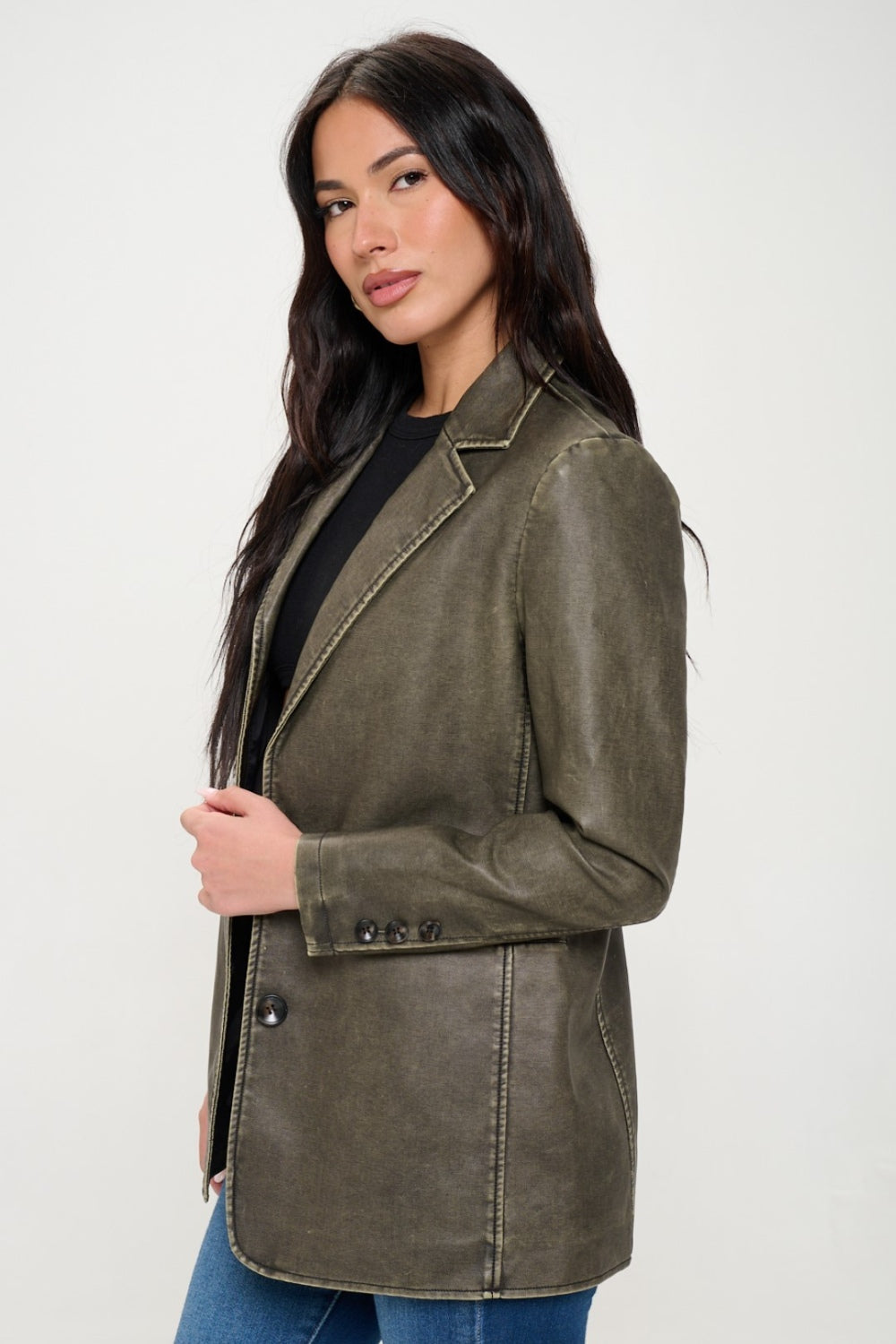 Coalition LA Women's Vegan Leather Blazer Single-Breasted Suit Jacket