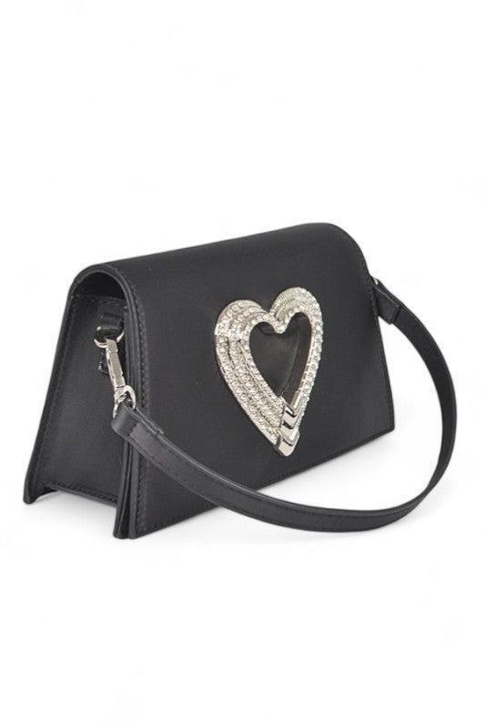 Crystal Heart Satin Top Handle Convertible Clutch