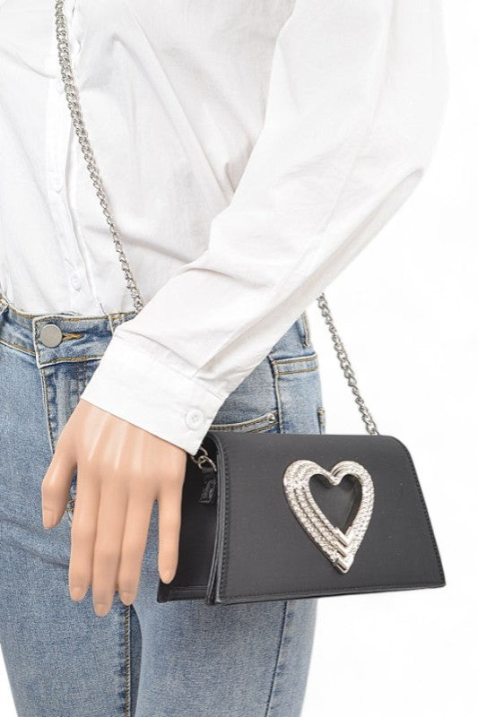 Crystal Heart Satin Top Handle Convertible Clutch